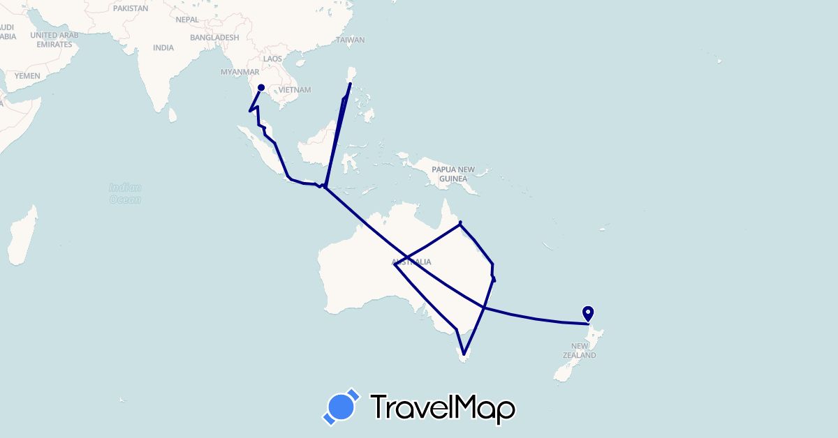 TravelMap itinerary: driving in Australia, Indonesia, Malaysia, New Zealand, Philippines, Singapore, Thailand (Asia, Oceania)